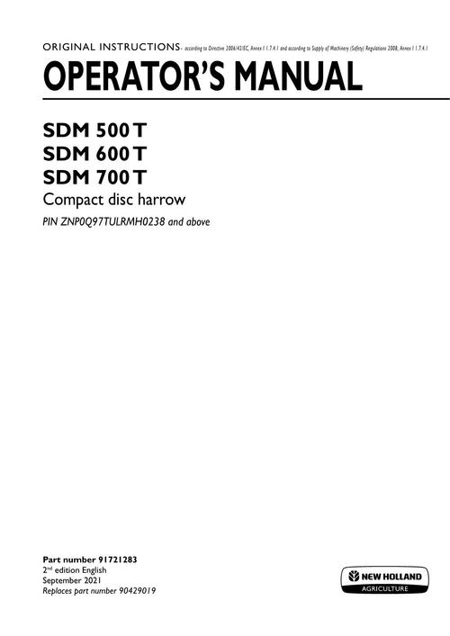 Product picture NEW HOLLAND SDM 500 T SDM 600 T SDM 700 T OPERATORS MANUAL