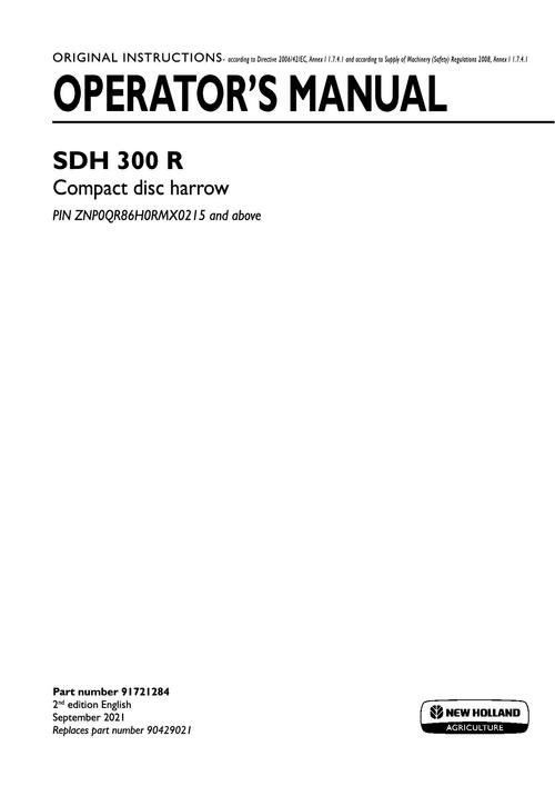 Product picture NEW HOLLAND SDH 300 R COMPACT DISC HARROW OPERATORS MANUAL