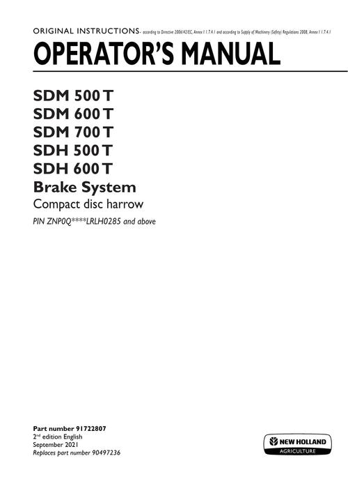 Product picture NEW HOLLAND SDM 500 T SDM 600 T SDM 700 T  OPERATORS MANUAL