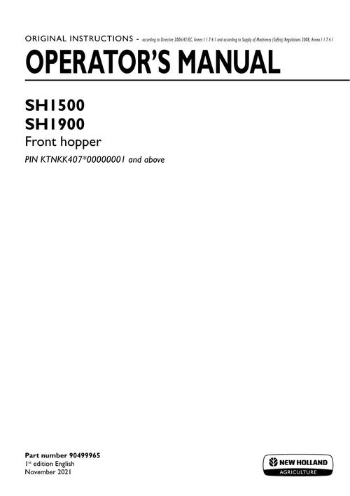 Product picture NEW HOLLAND SH1500 SH1900 FRONT HOPPER OPERATORS MANUAL