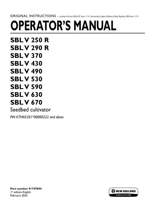 Product picture NEW HOLLAND SBL 250 290 SEEDBED CULTIVATOR OPERATORS MANUAL