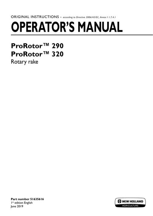 Product picture NEW HOLLAND PROROTOR TM 290 TM ROTARY RAKE OPERATORS MANUAL