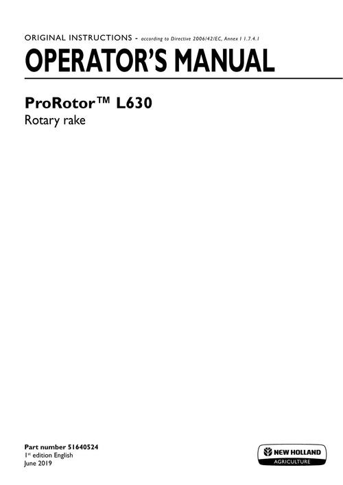 Product picture NEW HOLLAND PROROTOR TM L630 ROTARY RAKE OPERATORS MANUAL #3
