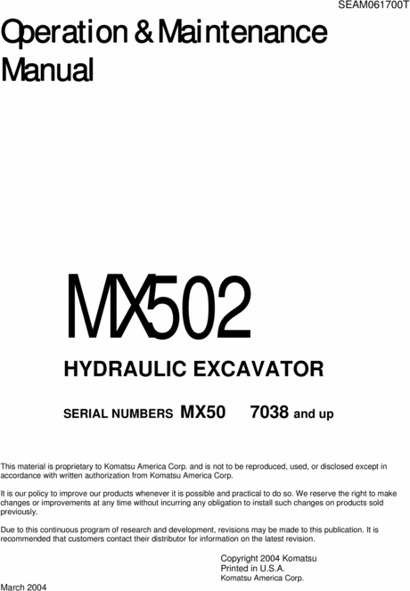 Product picture KOMATSU MX502 EXCAVATOR OPERATION & MAINTENANCE MANUAL